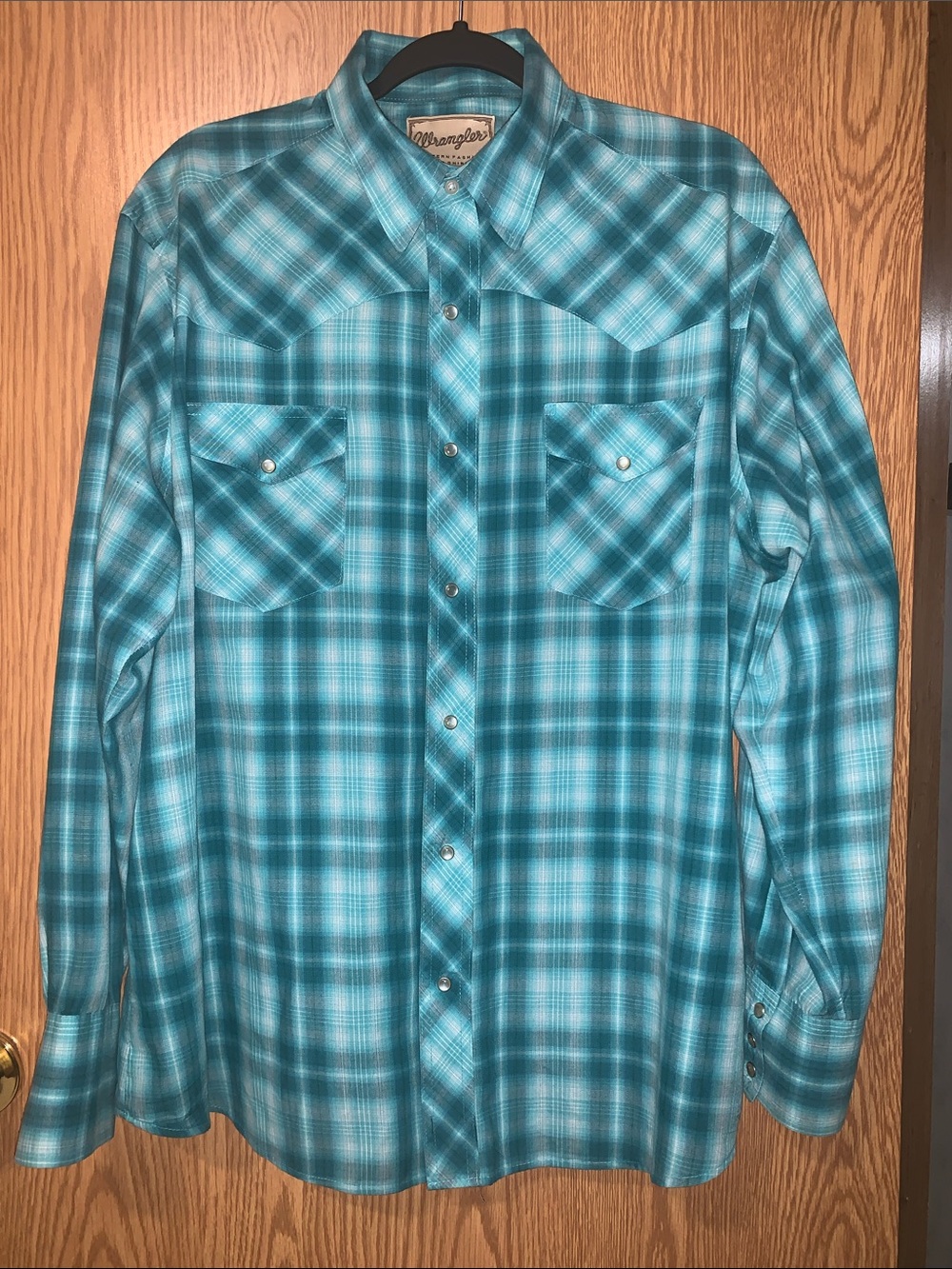 Wrangler Teal Plaid Snap-Front Western Shirt